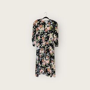 Vintage Jonathan Martin Black Floral Midi Dress | Romantic Long Sleeve